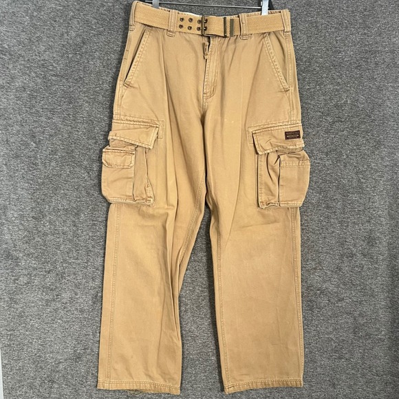 Aeropostale Mens Cargo Pants With‎ Belt Beige Size 34x32 Y2K Baggy Wide Leg - Picture 1 of 12